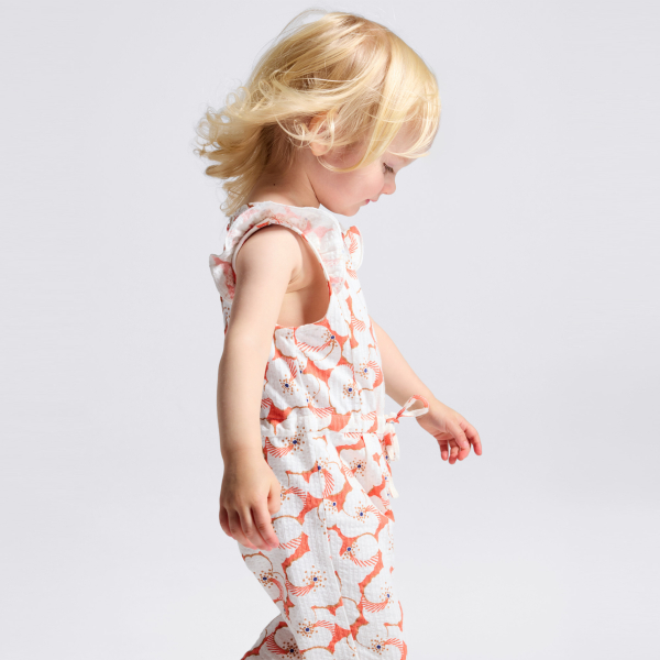 بذلة طويلة من قماش الجيرسي المزين برسوم الأزهار باللون البرتقالي للفتيات الصغار